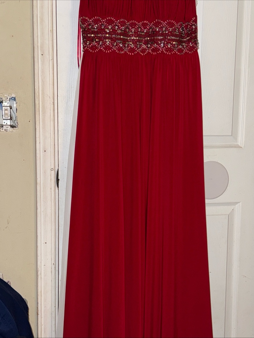 R&M Richards Red Beaded Waist Prom Dress - Picture 4 of 5